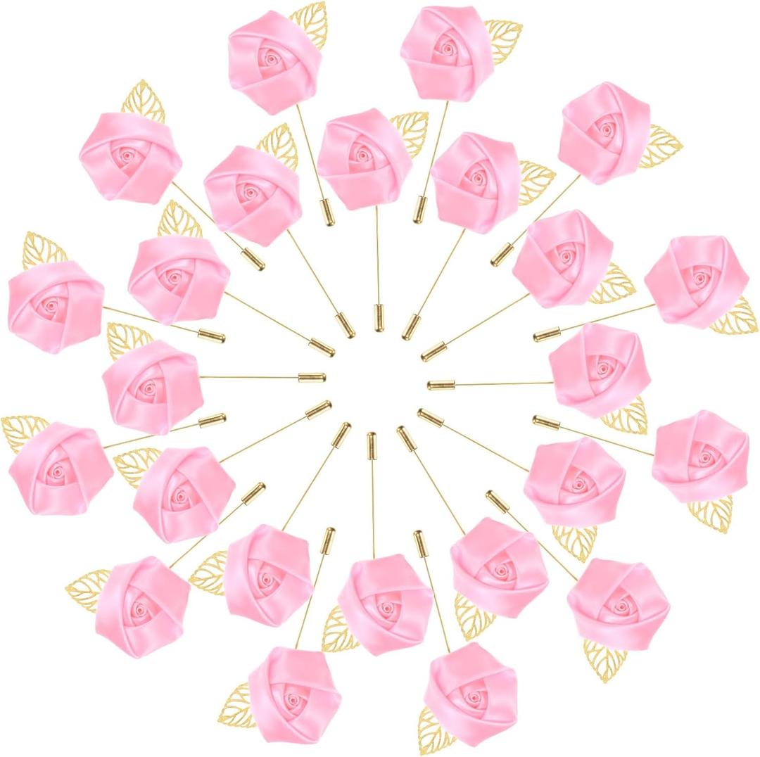 M METERXITY 48-Pack Flower Lapel Pins for Men, Golden Leaf Rose Boutonnieres Pin Groom Boutonnieres for Wedding/Dance/Party, Men Lapel Pins for Suits Satin Flower Corsage [Pink]