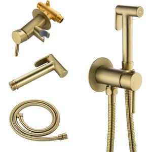 SHAMANDA Warm Water Bidet Sprayer for Toilet with Hot and Cold Brass Rough-in Valve, Stainless Steel Round Handheld Bidet Attachment Set for Feminine, Pets and Baby Diaper Wash, Brushed Gold, BDS09-3