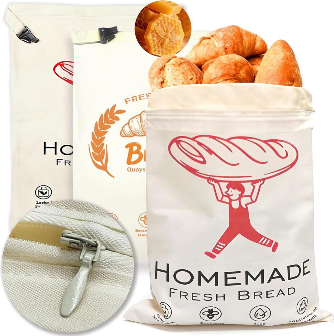 3pc-Beeswax Bread Bags for Homemade Bread & Sourdough,Zipper,  XL Eco-Friendly, Natural, Food-Safe Storage Bag to Keep Loaves Fresh Longer  Sustainable, Zero Waste