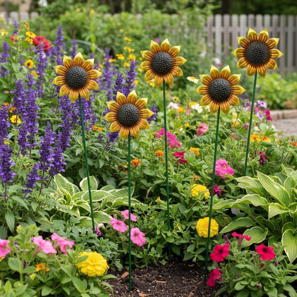 5pcs Sunflowers Yard Wind Spinners Outdoor Decoration Stakes Lawn Ornaments, Lawn Decorations Garden Stakes, Metal Outside Decorations for Metal Yard Art Flower Garden Decor, Sunflower Gift for Women