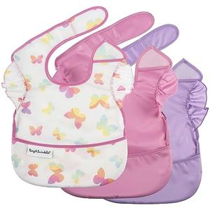 Tiny Twinkle Mess-Proof Baby Bibs for Eating | Waterproof, Wipeable Toddler Bibs with Catch-All Pocket | Feeding Bibs for Girls & Boys(3 Pack,Butterfly)