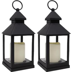 BAIRAYEN 2 Pack 10.2” Candle Lanterns Decorative Indoor Hanging Lanterns with Warm Flickering LED Candle 6 Hours Timer, Black Battery Powered Candle Lantern Table Centerpiece Mantle Shelf Home Decor