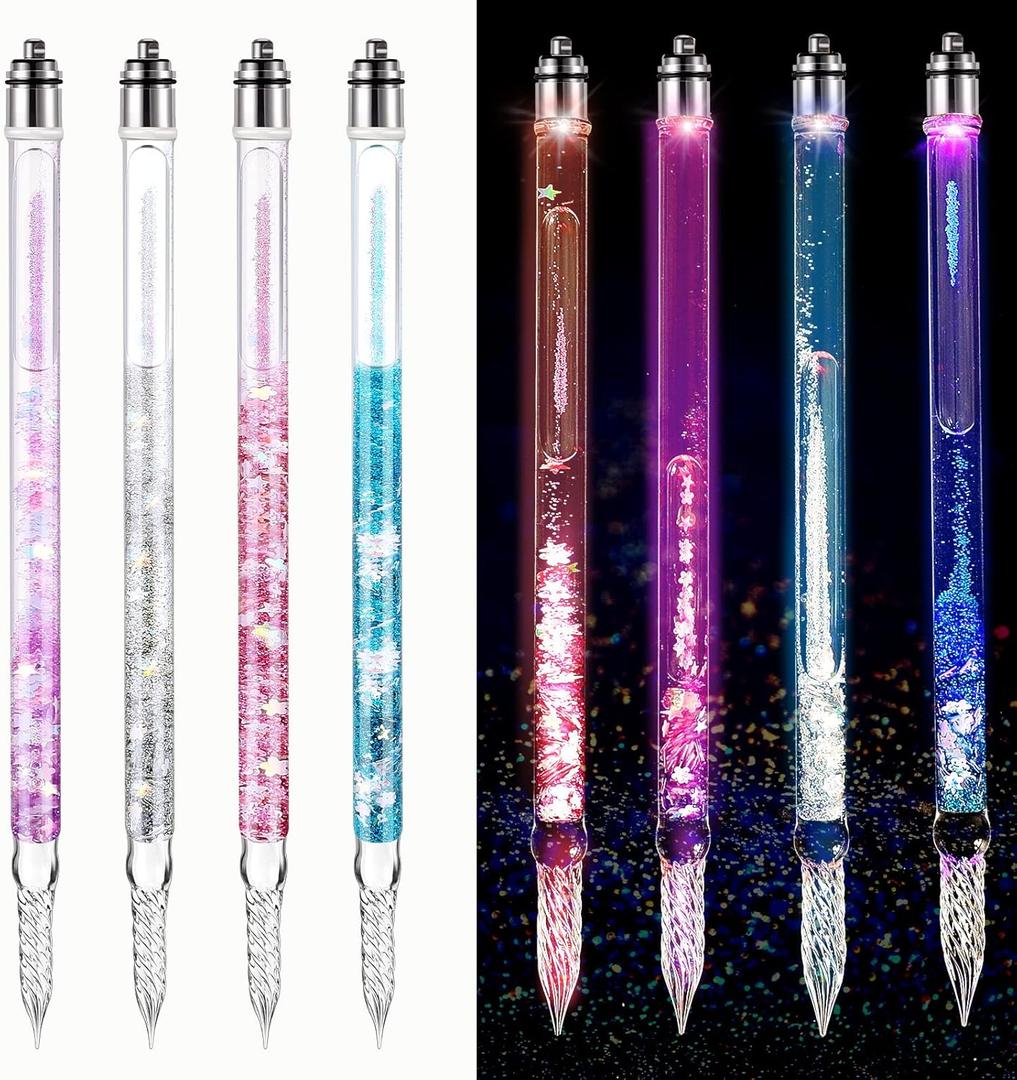Zonon 6 Pcs Glitter Light up Handmade Glass Dip Pen Crystal Glass Signature Calligraphy Vintage Dip Ink Pen Borosilicate Present for Writing Drawing Signatures Calligraphy