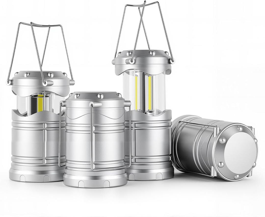 Lichamp LED Camping Lantern, 4 Pack Battery Powered Flashlight for Power Outages, Portable Collapsible Hanging Light Essential for Home, Outdoor, Emergency Lamp Survival Kit Gear for Hurricane, B4SL (Silver)