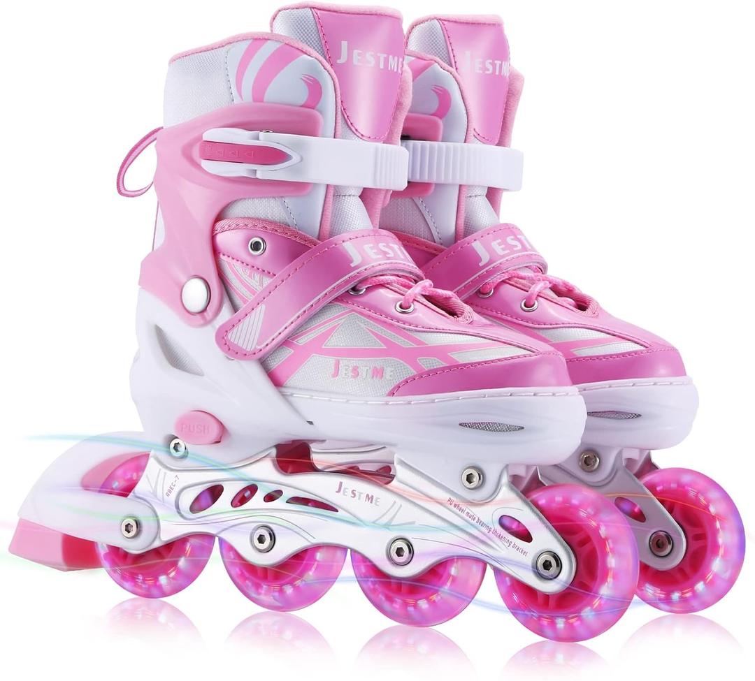 Adjustable Inline Skates for Girls Boys Beginners, Kids Roller Skates with All Illuminating Wheels (Medium-Big Kids(1-4 US), Pink)