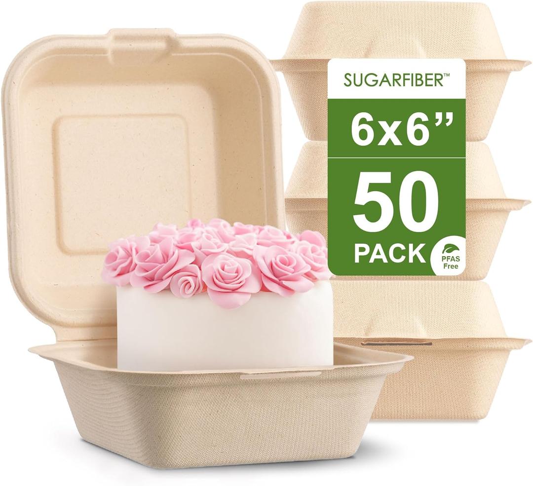 [50 COUNT]Harvest Pack 6 X 6" Compostable Clamshell Take Out Food Containers, PFAS FREE Square To go Containers with Lids, Heavy-Duty Disposable Bagasse Bento Cake Box, Eco-Friendly Sugarcane Fibers