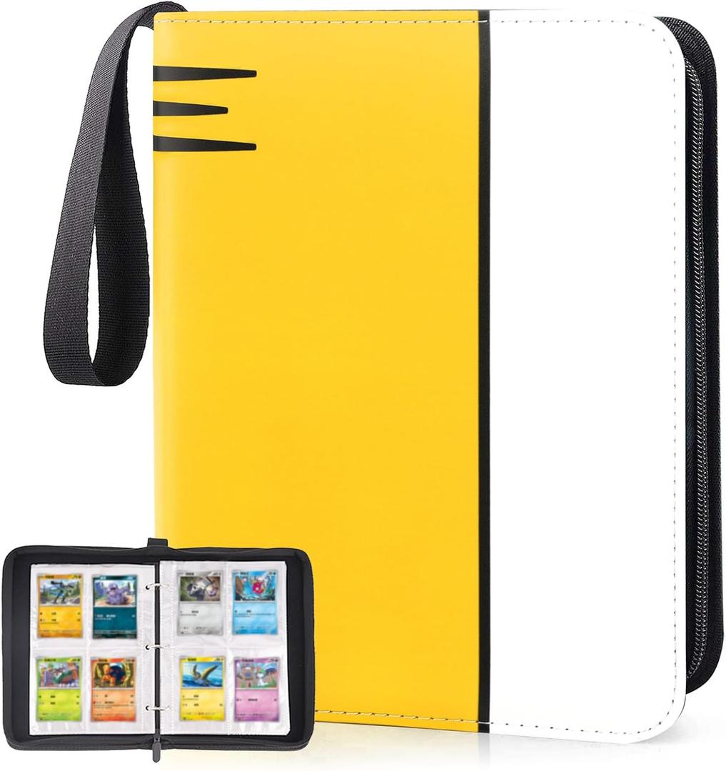 Binder 4 Pocket, Collectible Trading Card Album Fits 400 Cards, 50 Removable Sleeves, Portable Collection Holder, Game Case Book With Zipper for Gifts, Yellow