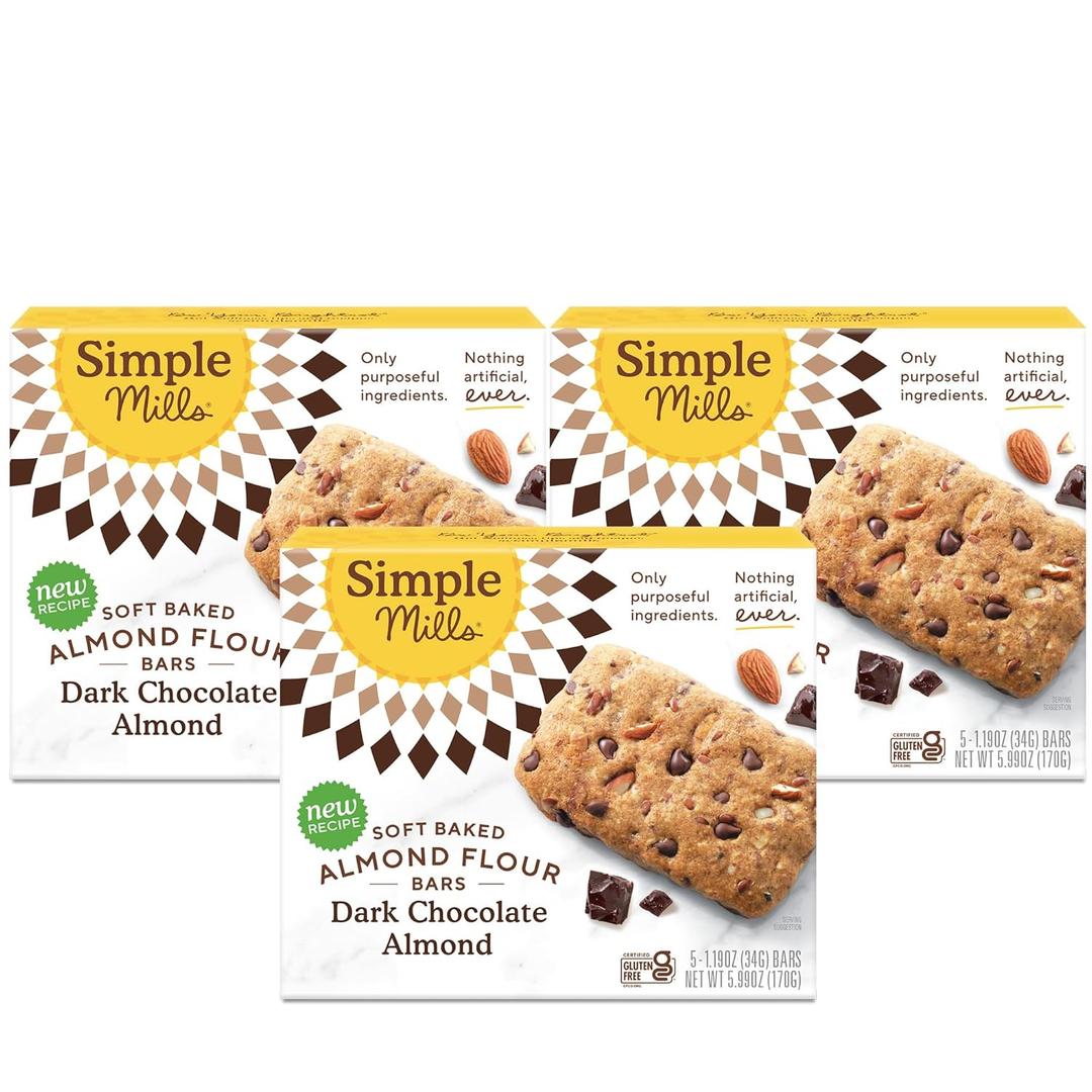 Simple Mills Almond Flour Snack Bars (Dark Chocolate Almond), Organic Coconut Oil, Chia Seeds, Sunflower Seeds, Flax Seeds, Breakfast Bars, Low-Calorie Snacks, 6oz, 3 Count (EXP 03/30/25)