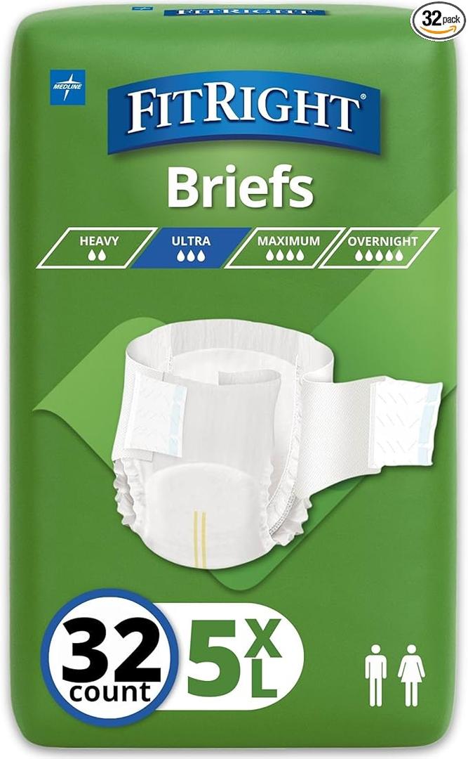 FitRight Bariatric Adult Diapers, Ultra Heavy Absorbency, 5XL (Waist Size 90in-106in), 32 Count, Disposable Incontinence Briefs for Men and Women, Moisture-Wicking, Leak Protection,