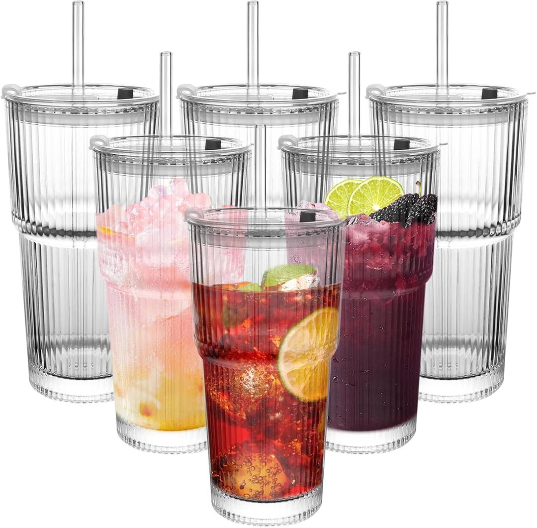 Ribbed Drinking Glasses,with Lids and Straws Glass Cup,19oz Glass cup,2 Pack Old Fashioned Glasses,Thickened for iced coffees,cocktails and juices, perfect for families and parties, 2 Pcs