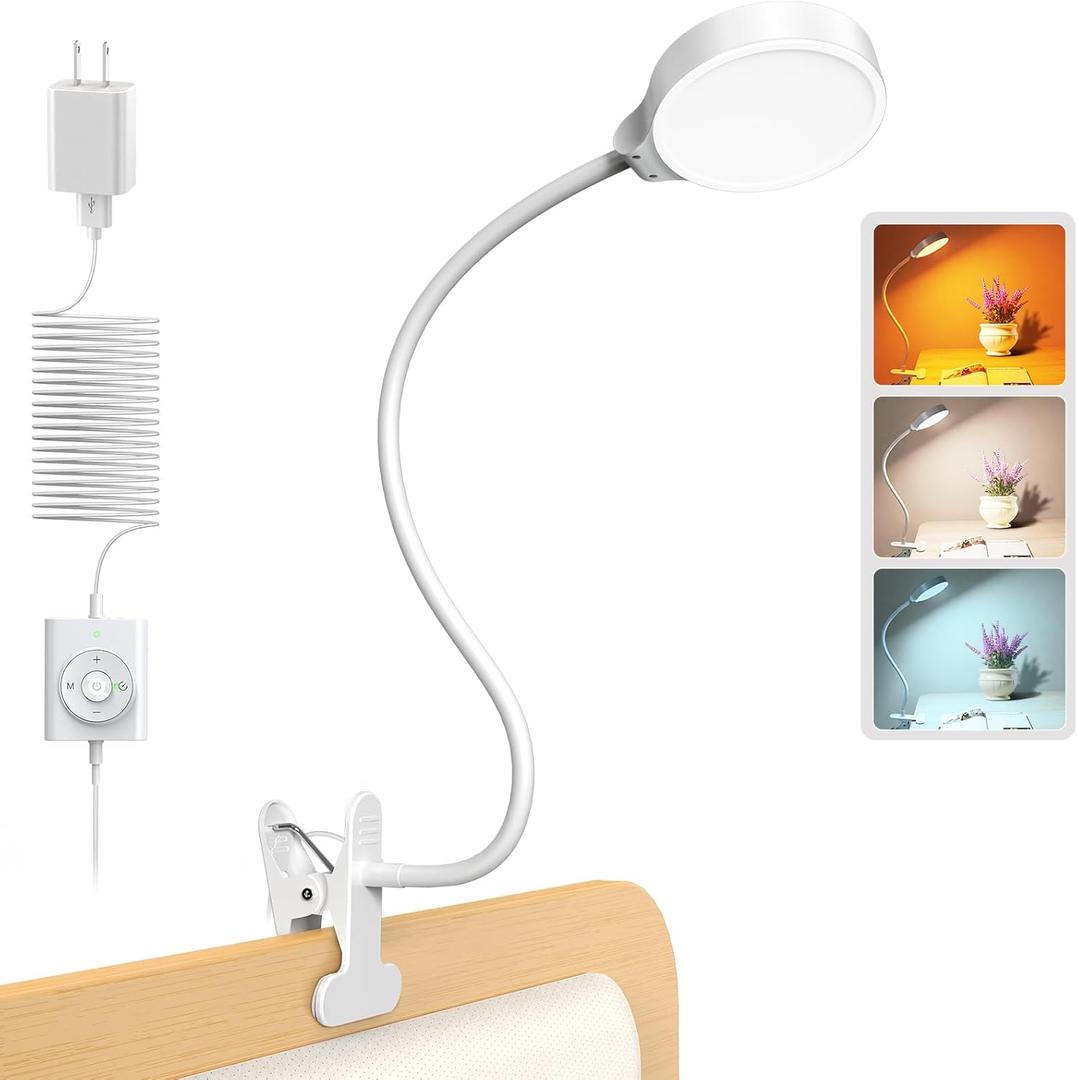 Glocusent 5W 36 LED Reading Clip on Light for Bed, Eye Caring Bed Lamp, 3 Colors & 5 Brightness Levels for Headboard with Adapter, Perfect for Reading, Working & Studying (White)
