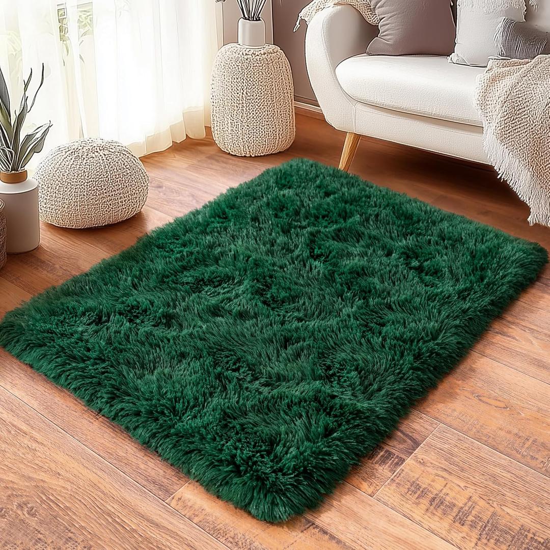 Green Fluffy Rug for Bedroom 3x5 ft Small Rug - Ultra Soft & Non Slip Shaggy Area Rug, Comfy Durable Carpet for Living Room Kids Room Teens Dorm Home Decor, 1.7'' Thick Indoor Plush Carpets