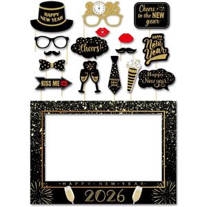 SWYOUN Glitter Happy New Year's Eve 2026 Party Photo Booth Props Supplies with Photo Frame(Pack of 17)