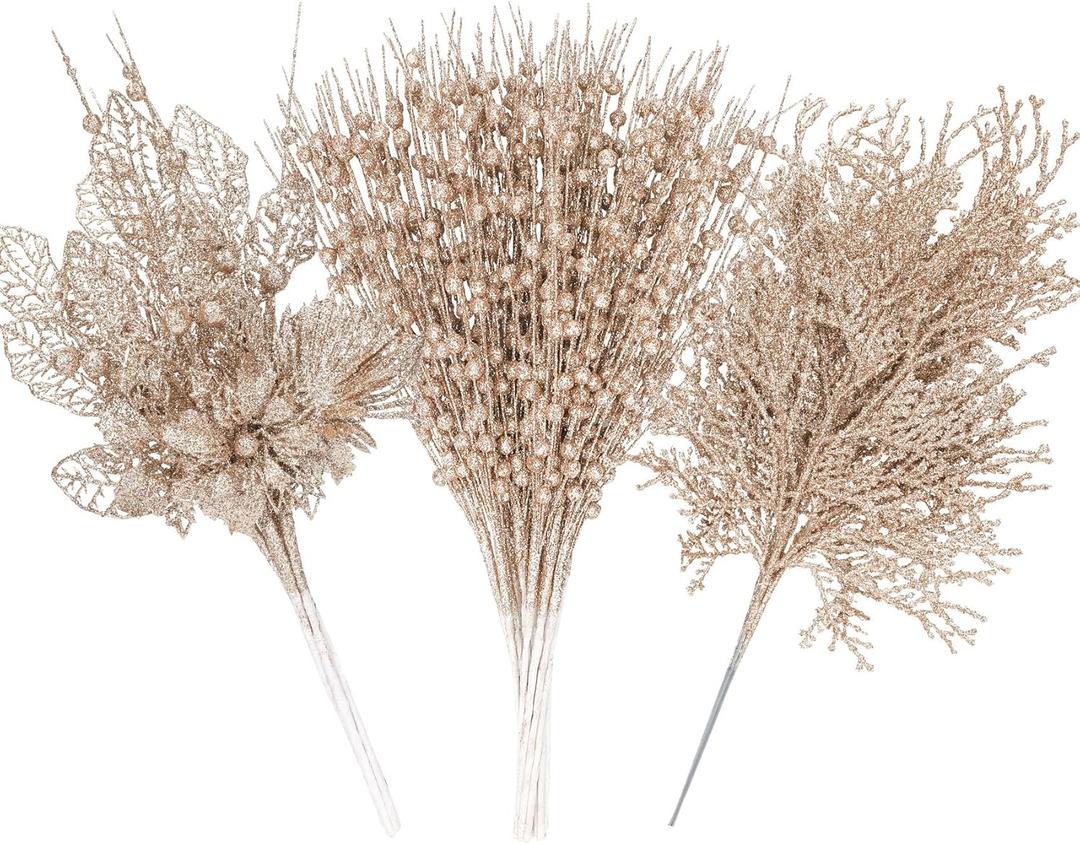 30 Pack Champagne Christmas Tree Picks and Sprays, Christmas Tree Ornaments Artificial Flowers Glitter Berry Stems Faux Cedar Branches for Winter Wedding Holiday Party Home Garland DIY Xmas Decoration