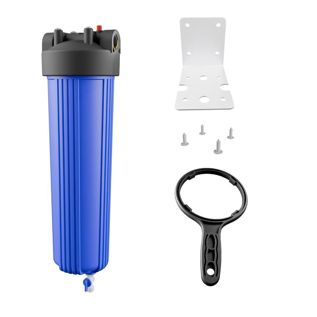 20" x 4.5" Whole House Water Filter Housing with Bottom Drain Port - 1" NPT Brass Ports, BPA-Free Blue Sump, Double O-Ring Leak-Proof - Fits All Standard 20x4.5 Filters
