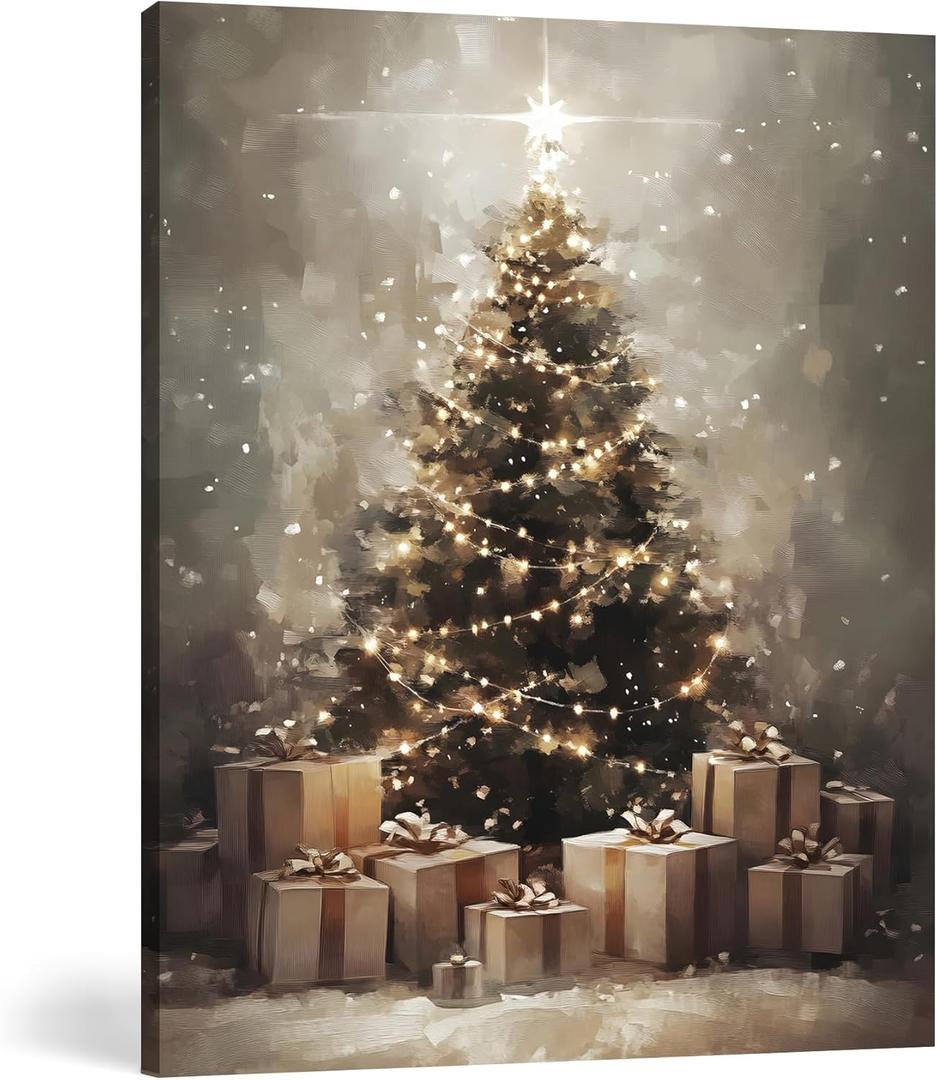 FGFK Vintage Christmas Tree Wall Art Decor Framed, Christmas Home Decor, Holiday Winter Xmas Tree with Presents Canvas Prints Poster Wall Decorations for Home Bedroom Party, 8x10 Inch (Color-05)