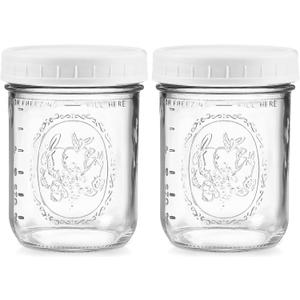 Wide Mouth Mason Jars 16 oz - (2 Pack) - Wide Mouth 16-Ounces Pint Mason Jars with White M.E.M Food Storage Plastic Lids - For Storage, Canning, Freezing, Leak Proof, Microwave & Diswasher Safe