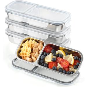 Stainless Steel Snack Containers with Lids- 2 Compartments Bento Lunch Snack Boxes for Adults - Reusable Meal Prep Lunch Box for Home Travel (2compartment4PCS)