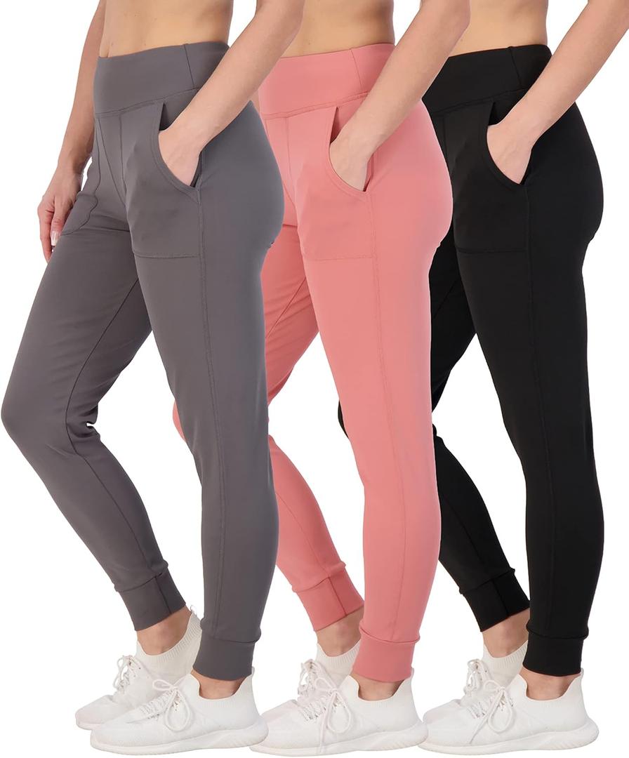 Real Essentials 3 Pack: Women's Joggers with Pockets - High Waist Workout Yoga Tapered Athletic Leggings (Plus) (Large)