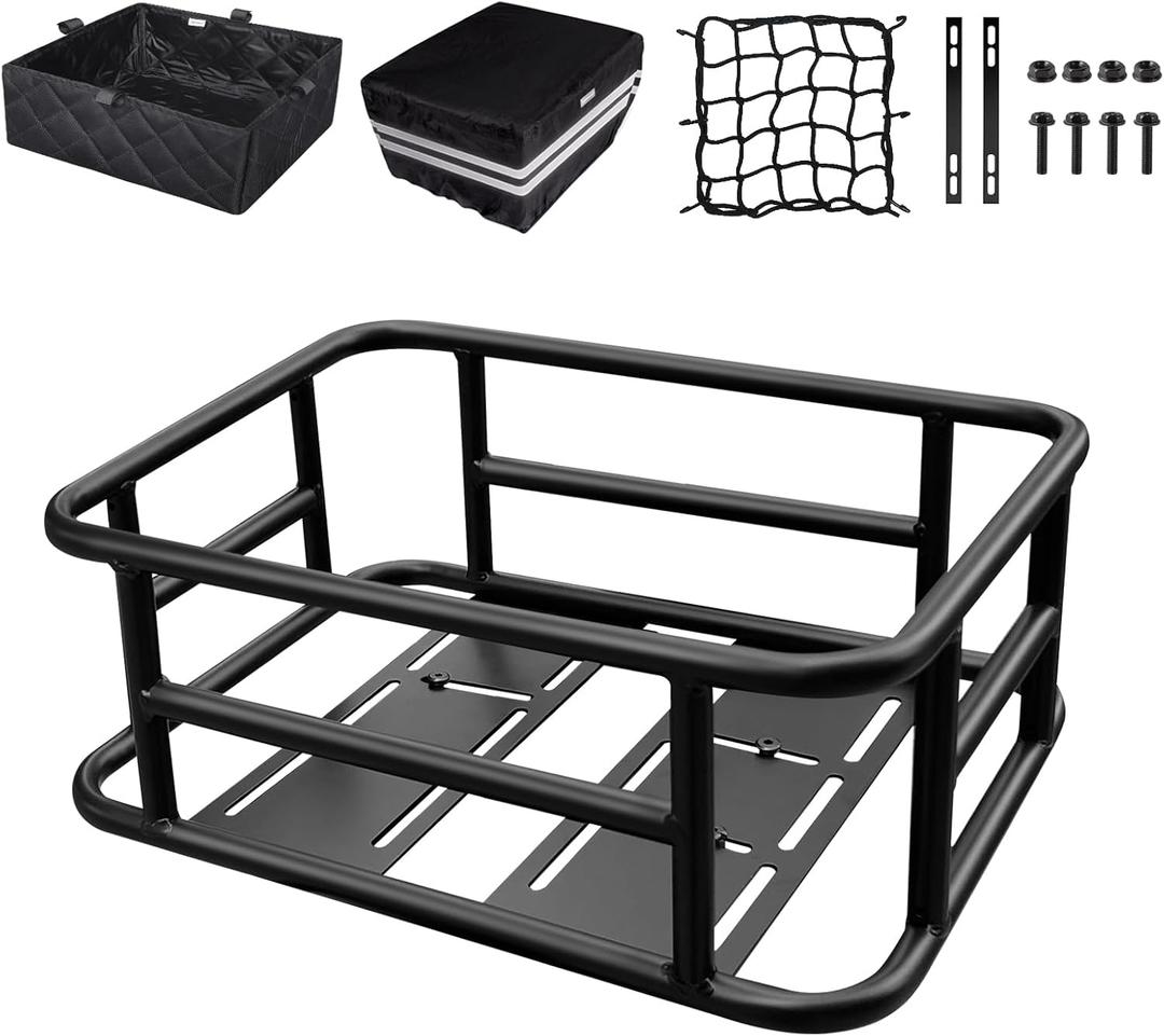 RAYMACE Bike Basket Rear Rack with Cargo Net, Liner and Waterproof Cover,Heavy Duty Bicycle Basket Perfect for Electric Bike