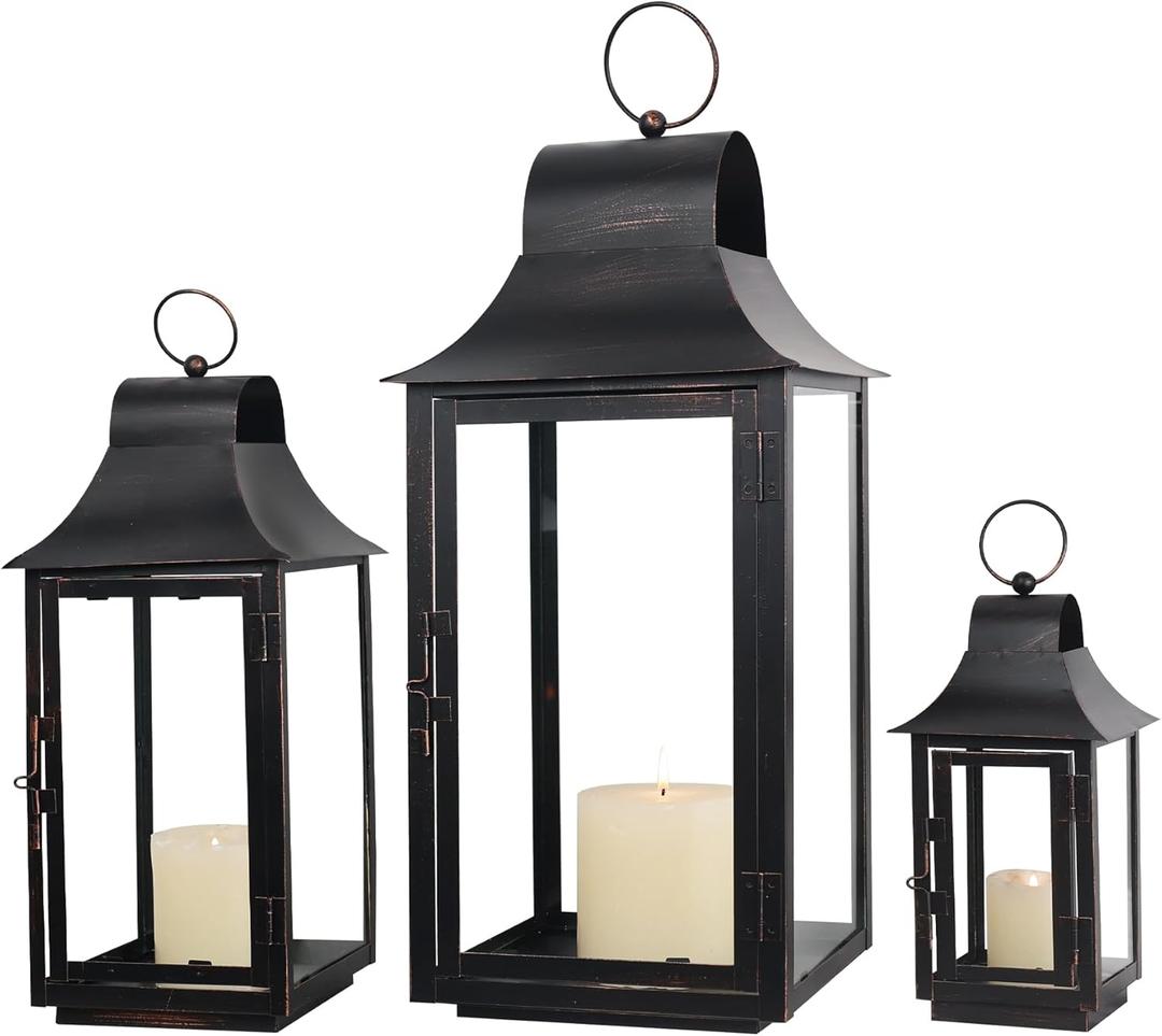 DECORKEY 3Pack Lanterns Decorative Outdoor & Indoor, Large Square Lanterns Decorative for Front Porch, Metal Frame Candle Holders with Glass, Vintage Patio, Pathway, Balcony, Garden, Yard Decor