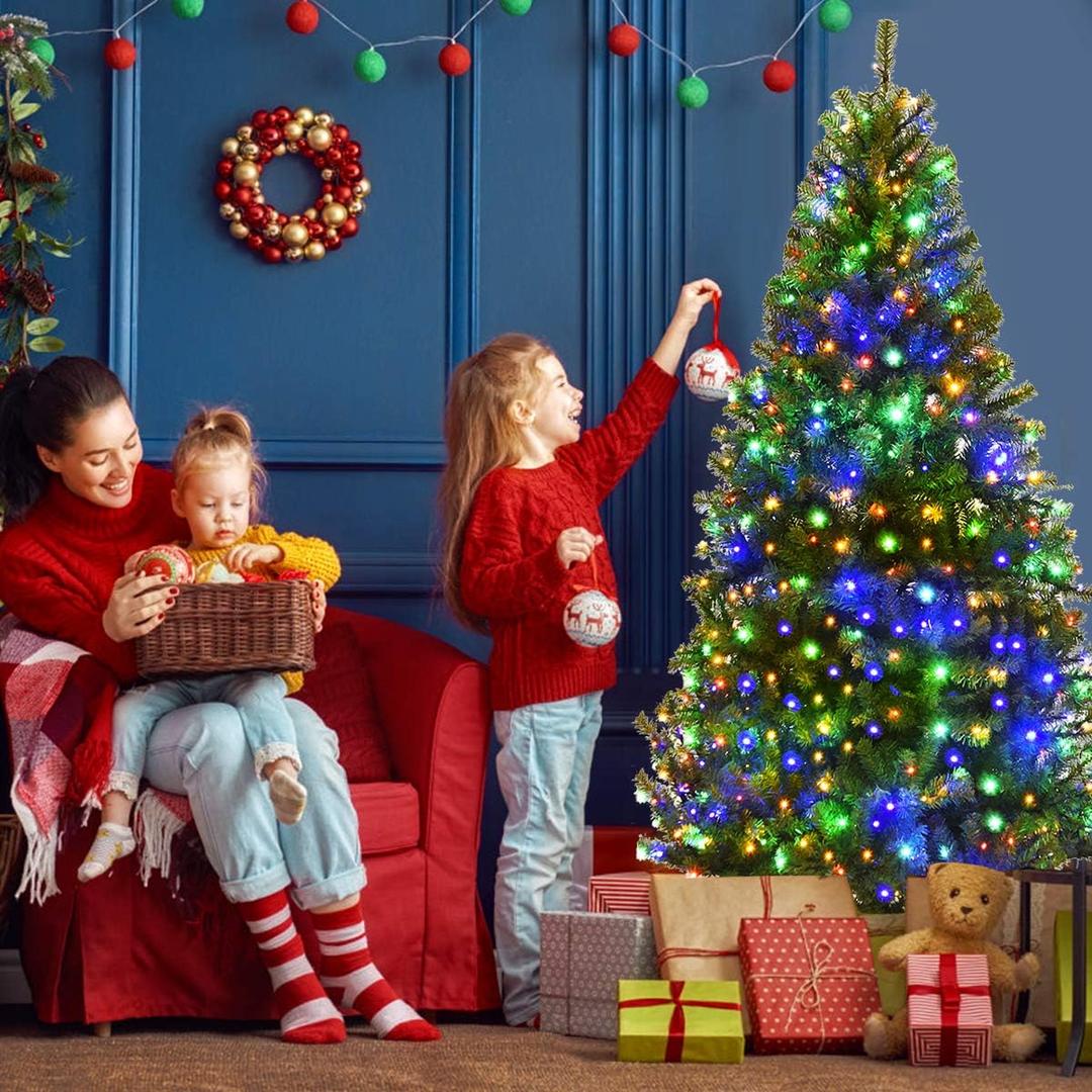 Goplus 6FT Pre-Lit Artificial Christmas Tree Auto-Spread/Close up Branches 11 Flash Modes with Multicolored 350 LED Lights & Metal Stand (Green)