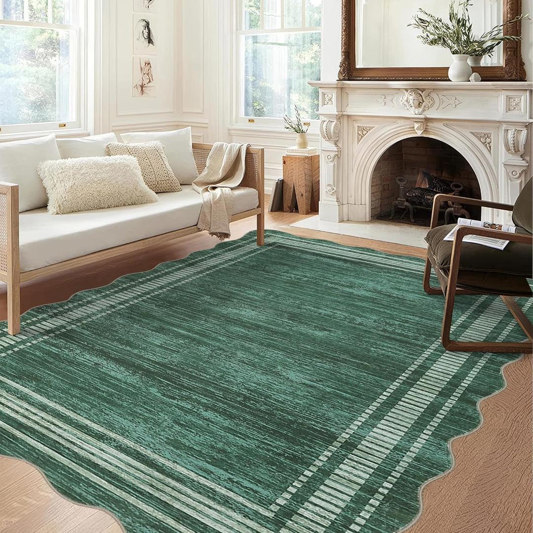 8x10 Area Rugs for Living Room Washable Rugs for Bedroom Soft Indoor Abstract Modern Irregular Rug Bordered Scalloped Non-Slip Low-Pile Carpet for Kids Room Playroom Office Nursery Dorm Green