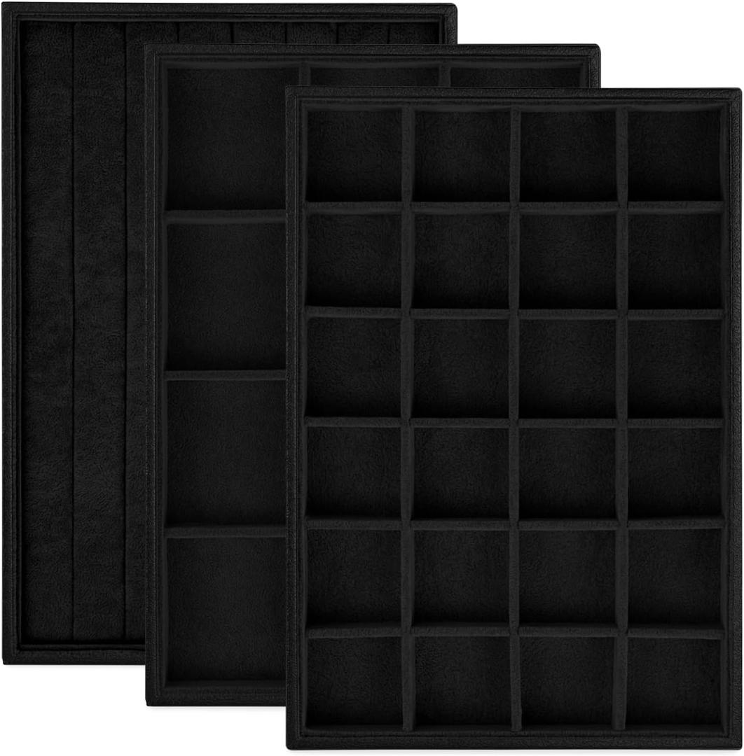 Rocutus Jewelry Trays,3 Pack Stackable Velvet Jewelry Organizer Tray Drawer Jewelry Storage Tray,Divided Ring Organizer Tray for Earrings, Necklaces, Bracelets,13.8"x9.5"x1.2" (Black)