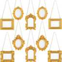 Qunclay 10 Pcs Small Gold Frames Mini Tiny Vintage Antique Baroque Ornate Resin Oval Hanging Picture Frames with Chain for Home Wedding Holiday Decor