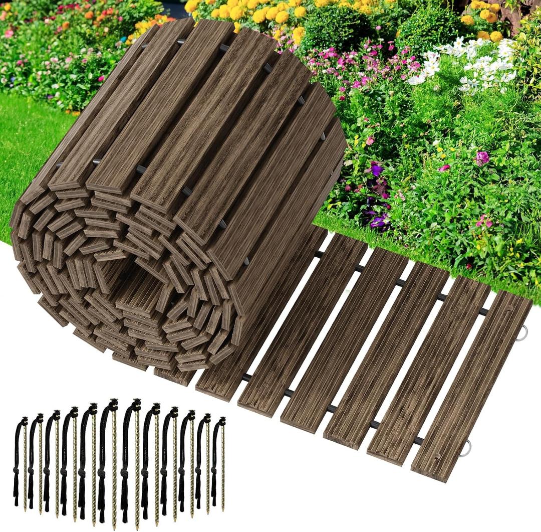 Amazer Wooden Garden Pathway, 24.5FT Roll Out Straight Walkway, Widened Plank Non-Slip Outdoor Walkway Path with Stakes, Garden Lawn Pavers for Outside Walkway Backyard Wedding Party Boardwalk, Brown