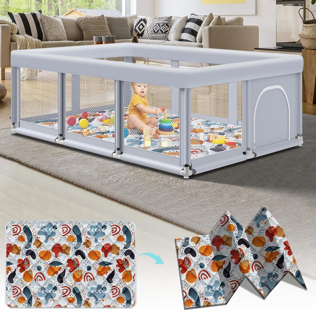 74" 50" Large Baby Playpen, Baby Playard for Babies and Toddlers, Play Pens for Indoor & Outdoor, Sturdy Safety Play Yard with Soft Breathable Mesh, Anti-Fall, Grey (With Mat)