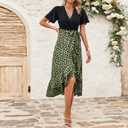 Sundresses for Women, V-Neck Short Sleeve Casual Boho Floral Dress, Ruffle Hem Split with Belt for Beach (Medium, Green)