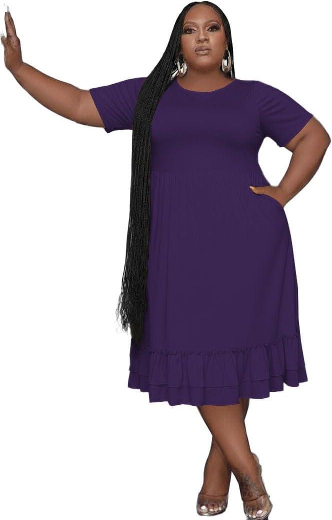 Tycorwd Women's Plus Size Casual Midi Dress Summer Short Sleeve Beach Dress Swing Flowy Tiered Dresses (Purple, XXXL)