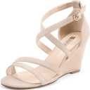 IDIFU Women's 3 Inch Strappy Wedge Sandals Open Toe Dressy Wedges For Women Black Nude Silver White Bridal Wedge Heels On Wedding Evening Summer (10) (Beige)
