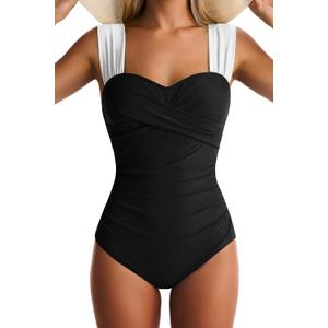 Womens One Piece Swimsuits Tummy Control Bathing Suits Modest Full Coverage Swimsuit Wide Straps Swimwear (Black, XL)