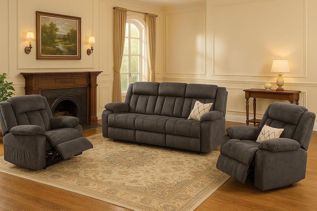 LUCKLIFE Recliner Sofa Set with Manual Recliners, Living Room Furniture Set with Reclining Couch, Loveseat and Armchair, Breathable Fabric Upholstery, Thick Cushions and Ergonomic Design, Dark Gray (3+1+1)