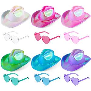Haysandy 10 Pcs Holographic Space Cowgirl Hat with Rimless Sunglasses Neon Sparkly Cowboy Hat and Heart Sunglasses for Women (Multicolor,Classic)
