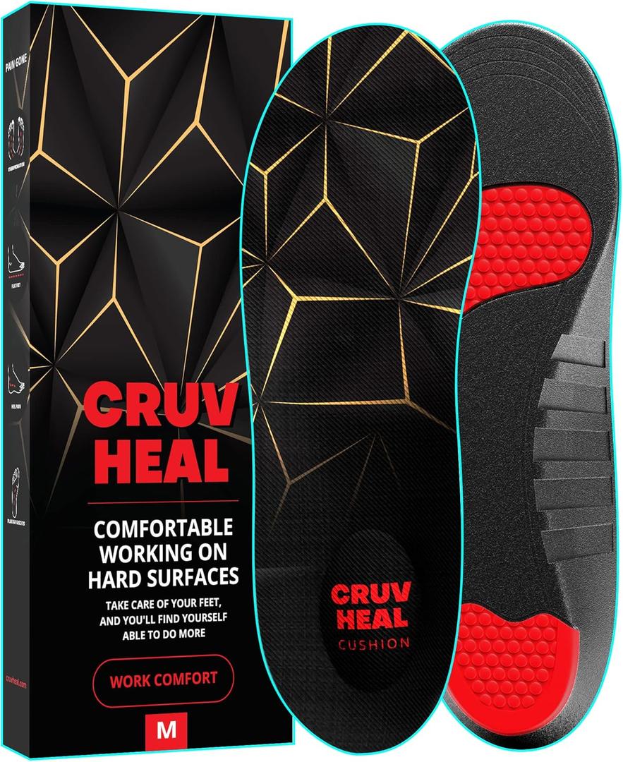 CRUVHEAL Work Pro Comfort Insoles - Shock Absorption - Low Arch - Cushioning Anti Fatigue Shoe Insert Men Women - Non-Slip - Soft Comfortable Work Boot Insoles - Foot Pain Relief (M, Black) (Men 6-8 - Women 7-9)