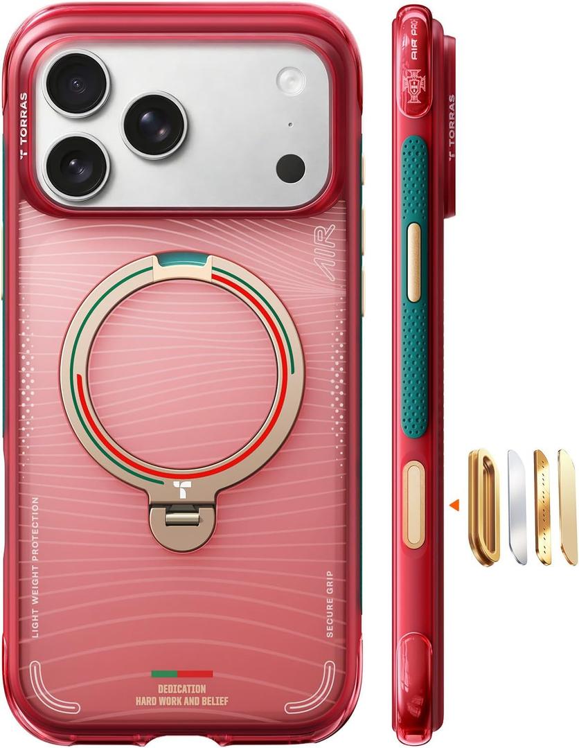 TORRAS Portuguese Football Federation Limited Edition, Ostand Q3 Air for iPhone 17 Pro Max Case, 360 Magnetic Stand, Fit for MagSafe, Mil-Grade Drop Tested, World Cup Inspired, Wave Passion