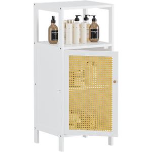 HITNET Bathroom Storage Cabinet Rattan, Small Bamboo Floor Cabinet with Single Door and Open Shelf, Freestanding Narrow Cupboard for Living Room, Kitchen, Entryway, White, 13"D X 14.4"W X 33.66"H