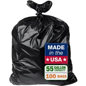 100 Count 55-60 Gallon Trash Bags, Sturdy & Tear-Resistant Commercial Can Liners | Large Black Garbage Bags for Commercial, Lawn & Leaf Use | Made in the USA