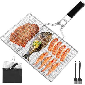 Fish Grill Baskets Folding Portable Fish Grilling Rack For Grill, BBQ Grilling Basket, Stainless Steel Grill Basket For Veggies, Shrimp, Meat Cook Come With Storage Bag and Two Basting Brush