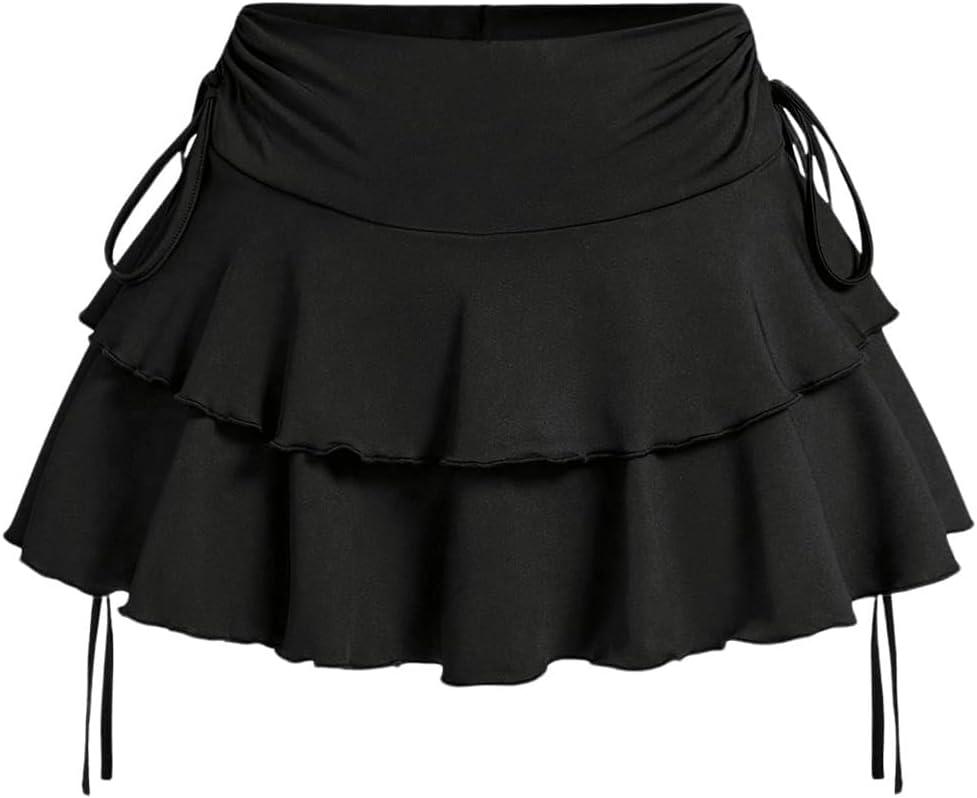 Women's Y2k Mini Ruffle Skirts with Shorts Tiered Layers Cute Elastic Waist Coquette Skort Drawstring Side Bow Tie, XL