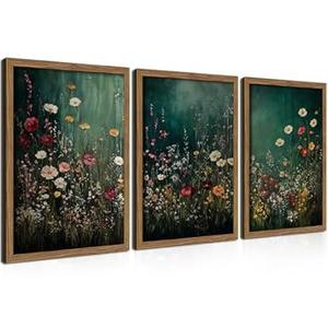 Vintage Wildflower Wall Art Set of 3, Moody Dark Green Flower Botanical Wall Decor Paintings, Nature Floral Farmhouse Landscape Posters Prints Pictures for Living Room Bedroom 12x16 Inch Wood Framed