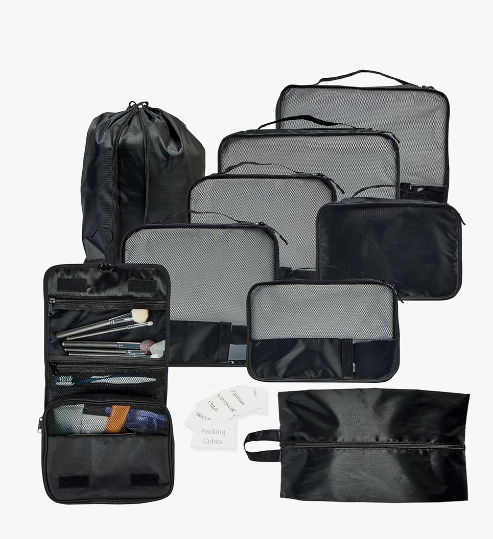 9 Set Packing Cubes - Suitcase Organizer, Cute Packing Cubes, Travel Bags Organizer for Luggage with Hanging Toiletry and Shoe Bag, Travel Essentials for Women, Men and Kids -Black