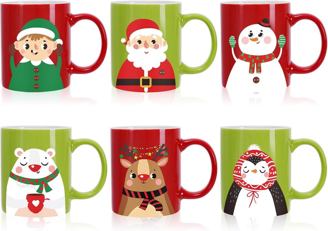 Whaline 6Pcs Christmas Mug Set 12oz Santa Claus Snowman Reindeer Penguin Xmas Coffee Mug Red Green Christmas Ceramic Mugs for Home School Office Table Centerpieces Housewarming Gift