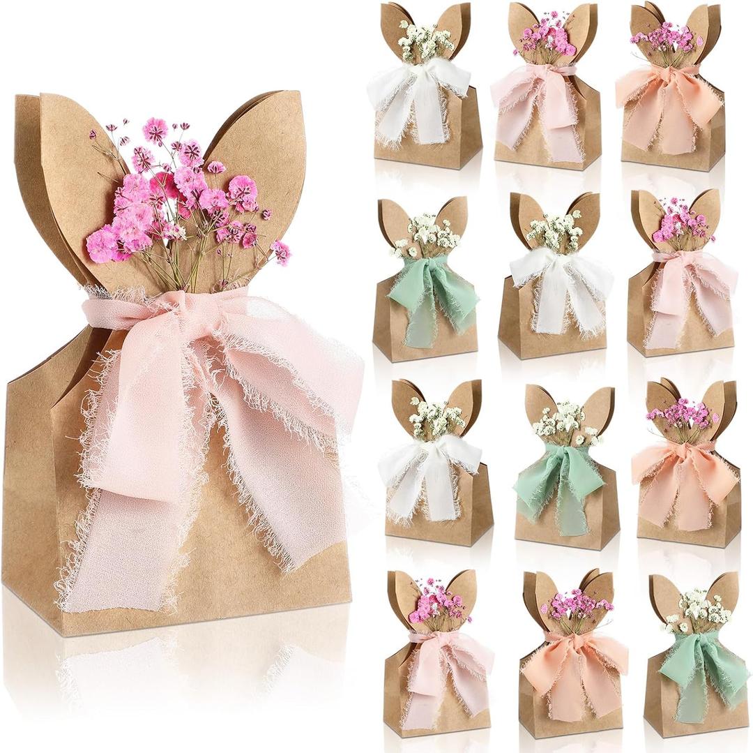 Affrolling 24 Set Boho Bow Easter Bunny Party Favor Bags DIY Bunny Gift Boxes with Neutral Bow Ribbon and Dried Flowers Rustic Paper Rabbit Ears Treat Bags Bulk for Easter Spring (Neutral Pastel)