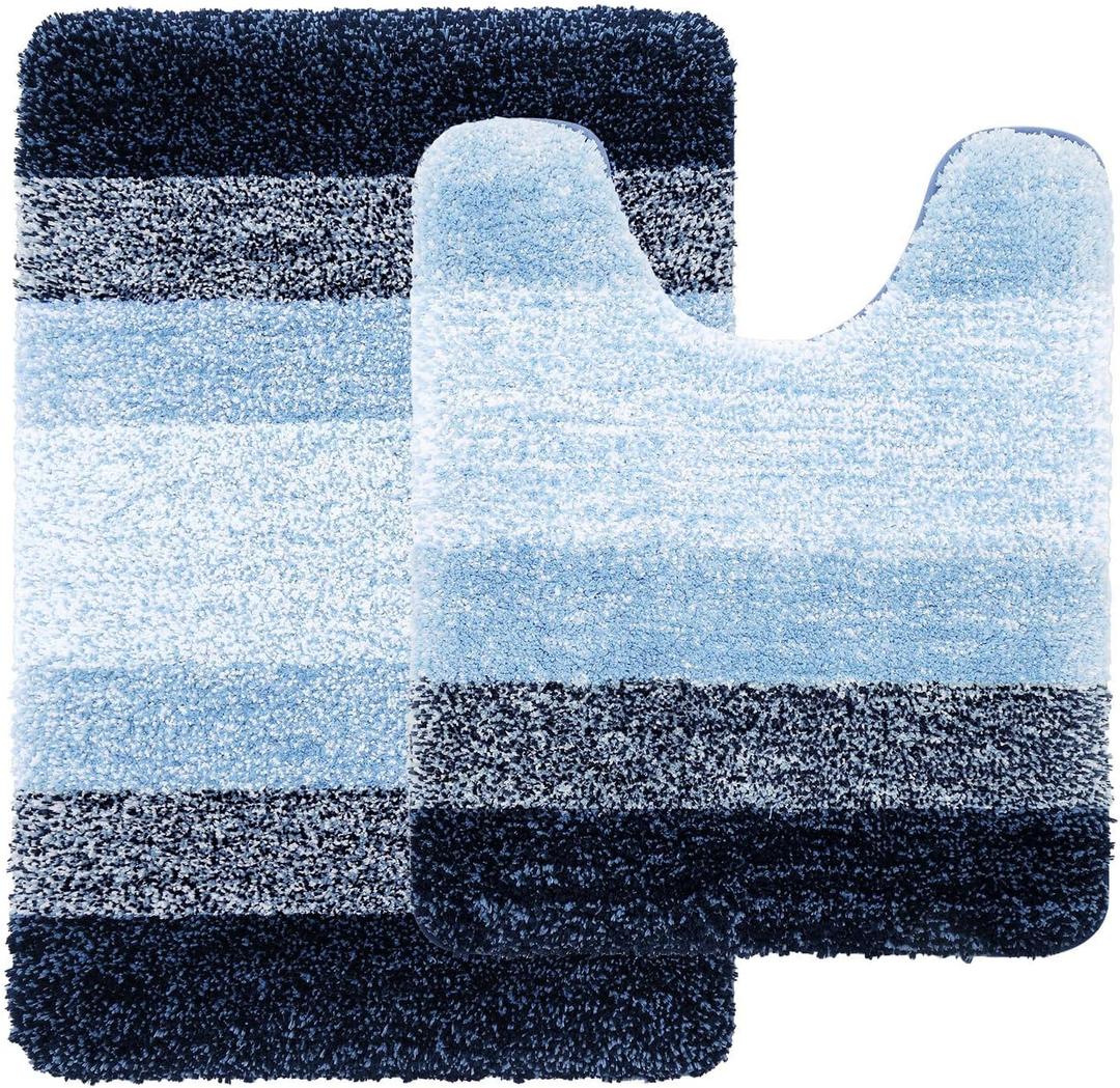 Microfiber Bathroom Rugs 2 Pieces, Bath Rug Size 24x16 and Toilet Rugs 20x24 in Blue, 2 Item Bundle
