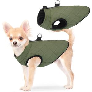 SCENEREAL Winter Dog Vest Coat with Harness Built In, Warm Puppy Jacket for Small Medium Dogs, Cold Weather Coat with Zipper, Fleece Puffer Vest Windproof Snow Clothes (S (Chest 14"), #1 Olive-Matte)