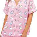 RUEWEY Women Easter Pajamas Set Bow/Rabbit Print Button T-Shirt and Elastic Shorts for Loungewear Soft Sleepwear (X-Large, Pink Base)
